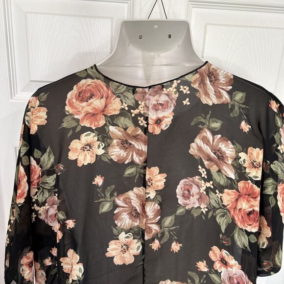 Try! This Women's S Kimono Blouse Black & Pink Floral Semi Sheer Cardigan - Picture 7 of 8